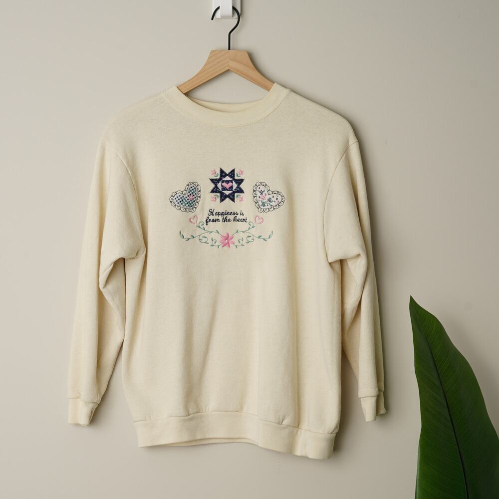 Vintage Chic 100% Natural Woman "Happiness is from the heart" Embroidered Crew L